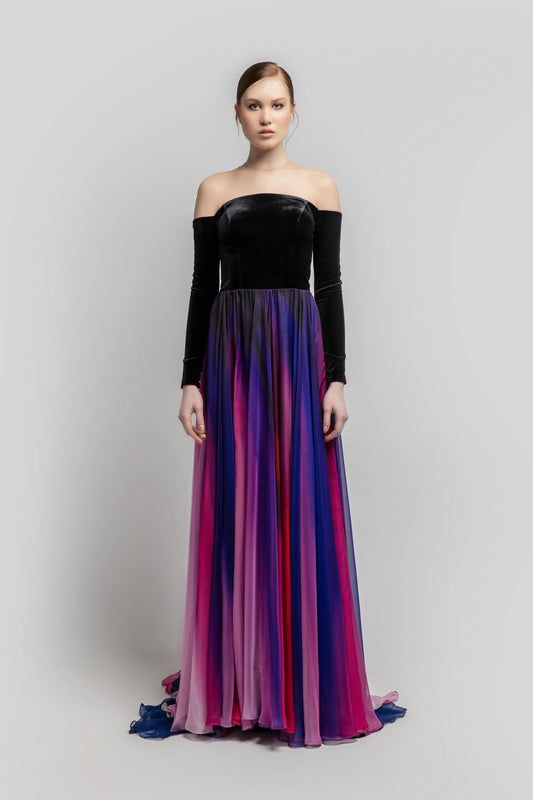 Off the Shoulder Long Sleeve Pleated Gown