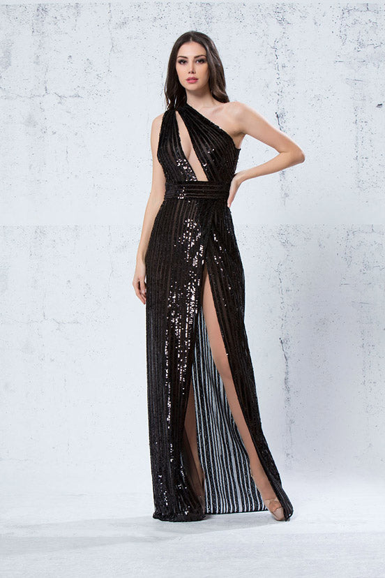 Embellished One Shoulder  Slit Gown