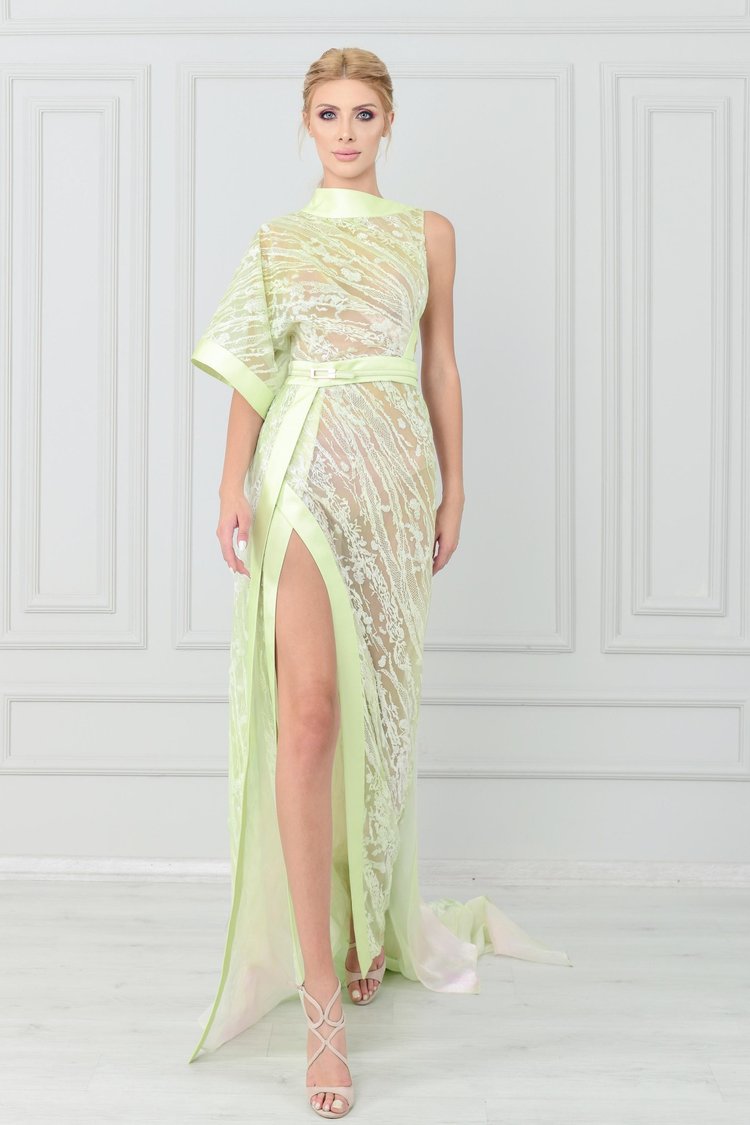 High Neck Short Sleeve Slit Gown