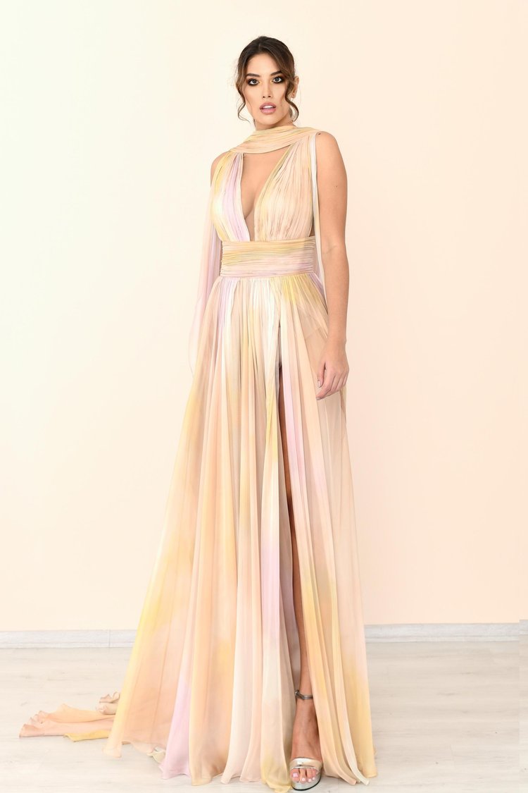 Sleeveless Pleated Slit Gown