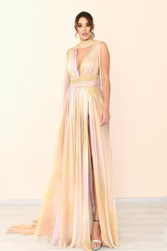 Sleeveless Pleated Slit Gown