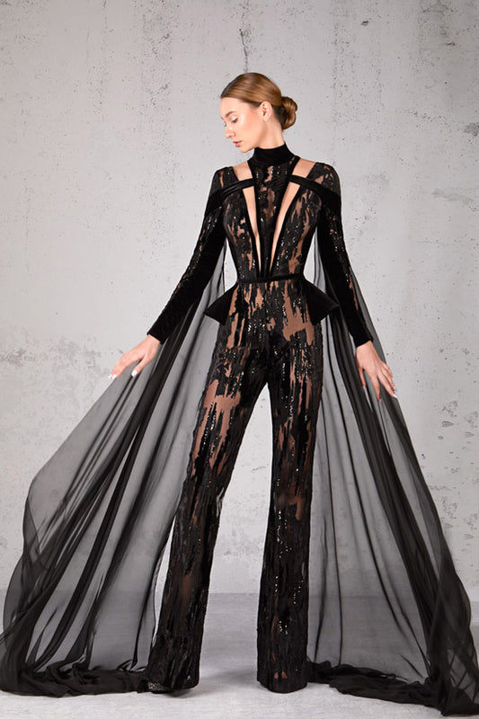 Cape Sleeve Embellished Jumpsuit