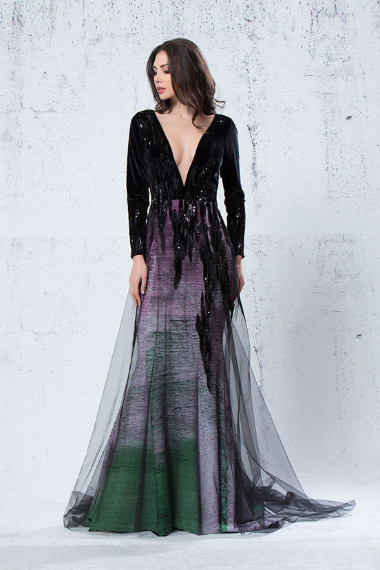 Long Sleeve Deep V Neck  Gown