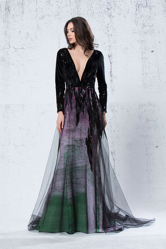 Long Sleeve Deep V Neck  Gown