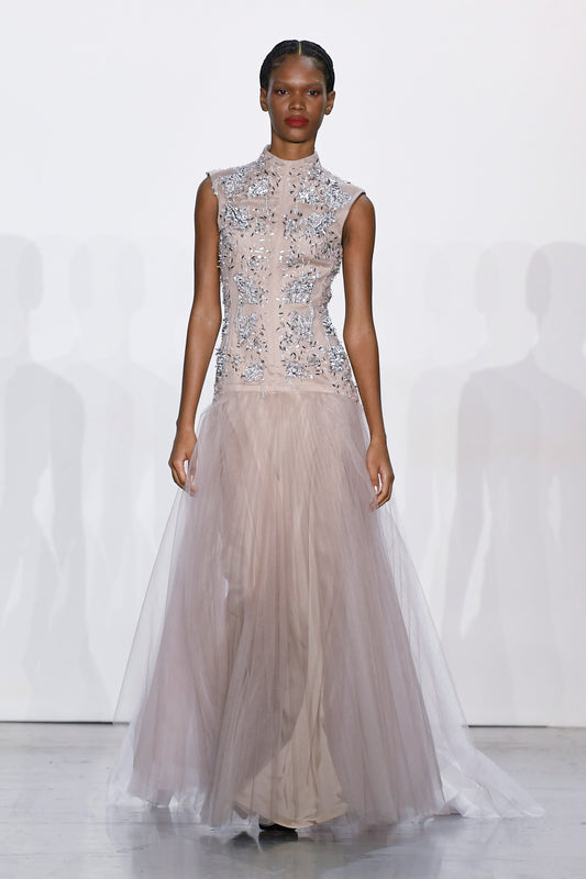 Callas Embroidered Pleated Tulle Gown