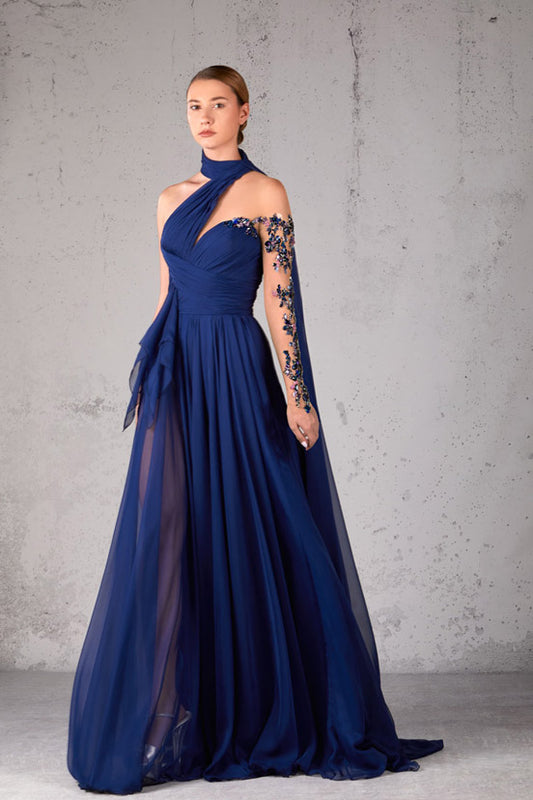 Pleated Embellished Sleeve Gown