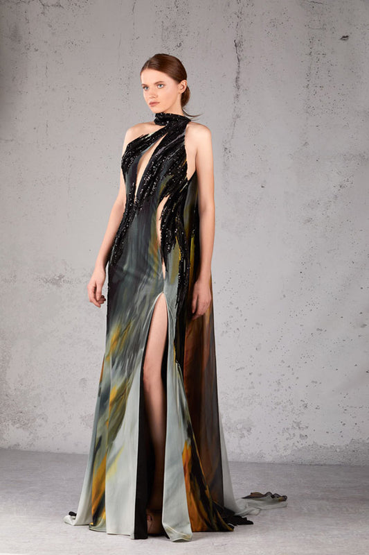 High Neck  Embellished Slit Gown