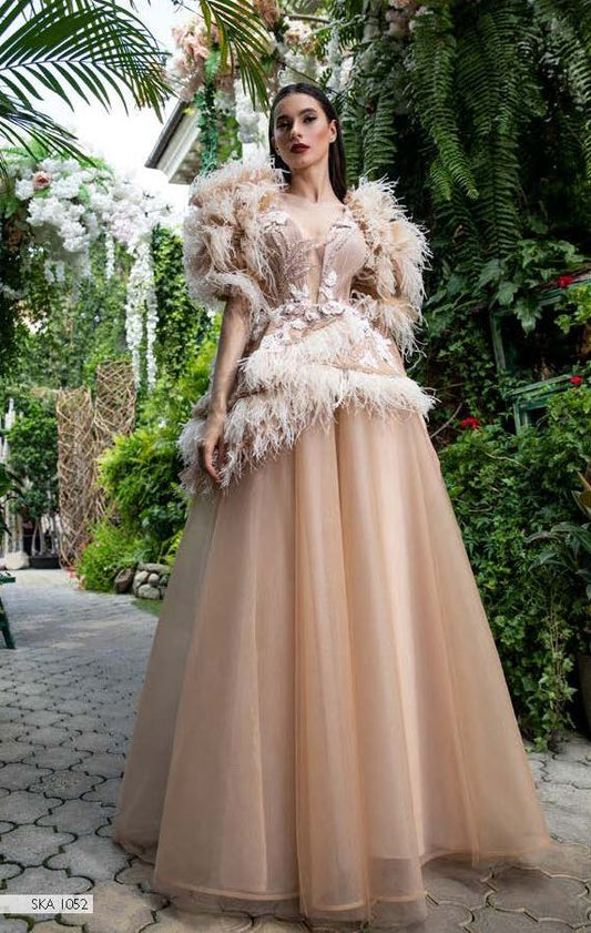 Ostrich Feathered Tulle Gown