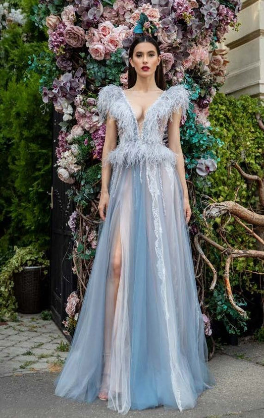 Feathered Tulle Gown