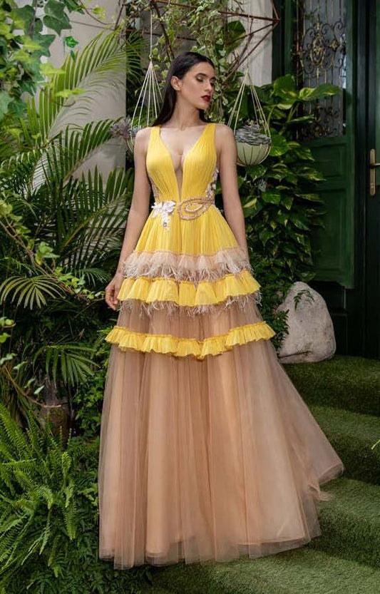 Sleeveless Plunging Neck Gown