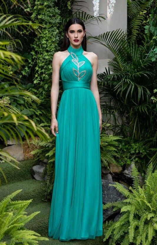Embroidered Tulle Halter Neck Gown