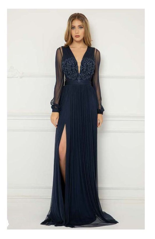 Sheer Long Sleeve Embroidered Tulle Gown