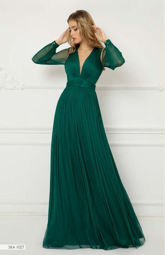 Long Sleeve Pleated Tulle Gown