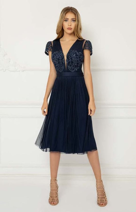 Embroidered Tulle Cap Sleeve Dress