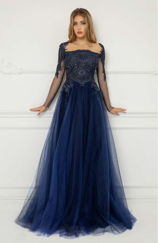 Embroidered Tulle Long Sleeve Gown
