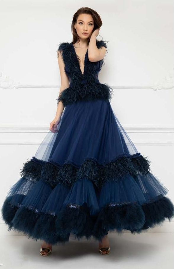 Sleeveless Feathered Bodice Gown
