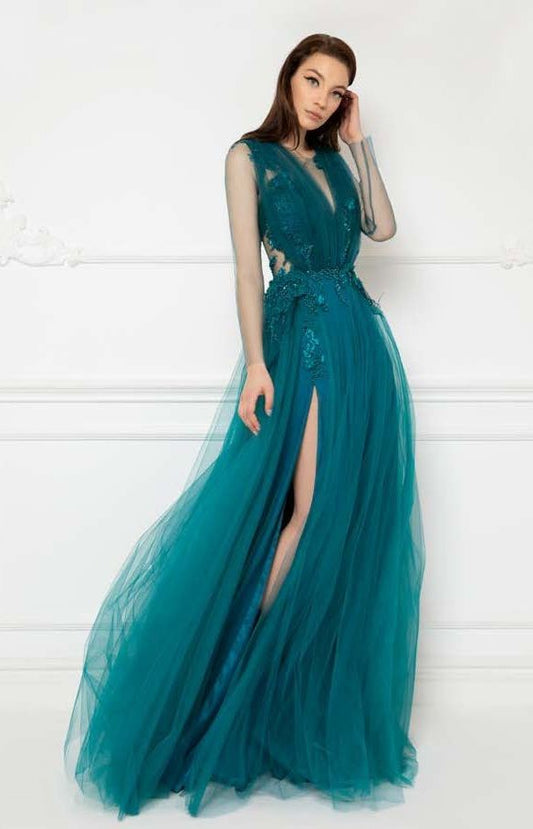 Sheer Long Sleeve Tulle Gown