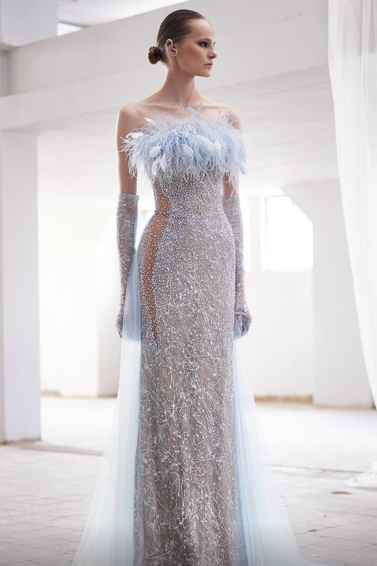 Feather Embellished Strapless Gown