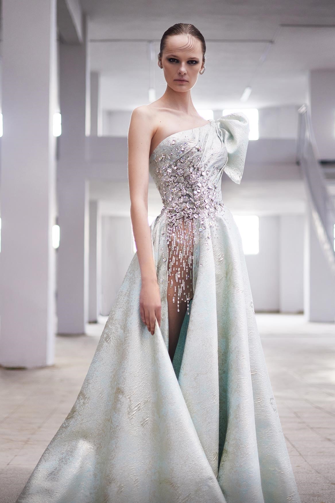 One Shoulder  Embellished Slit Gown