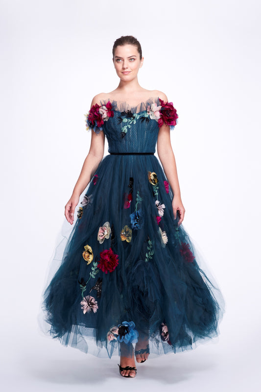 Off-the-Shoulder Tulle Tea Length Gown