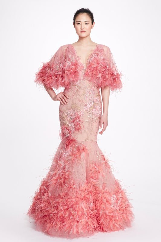 Feather Trumpet Gown with Cape