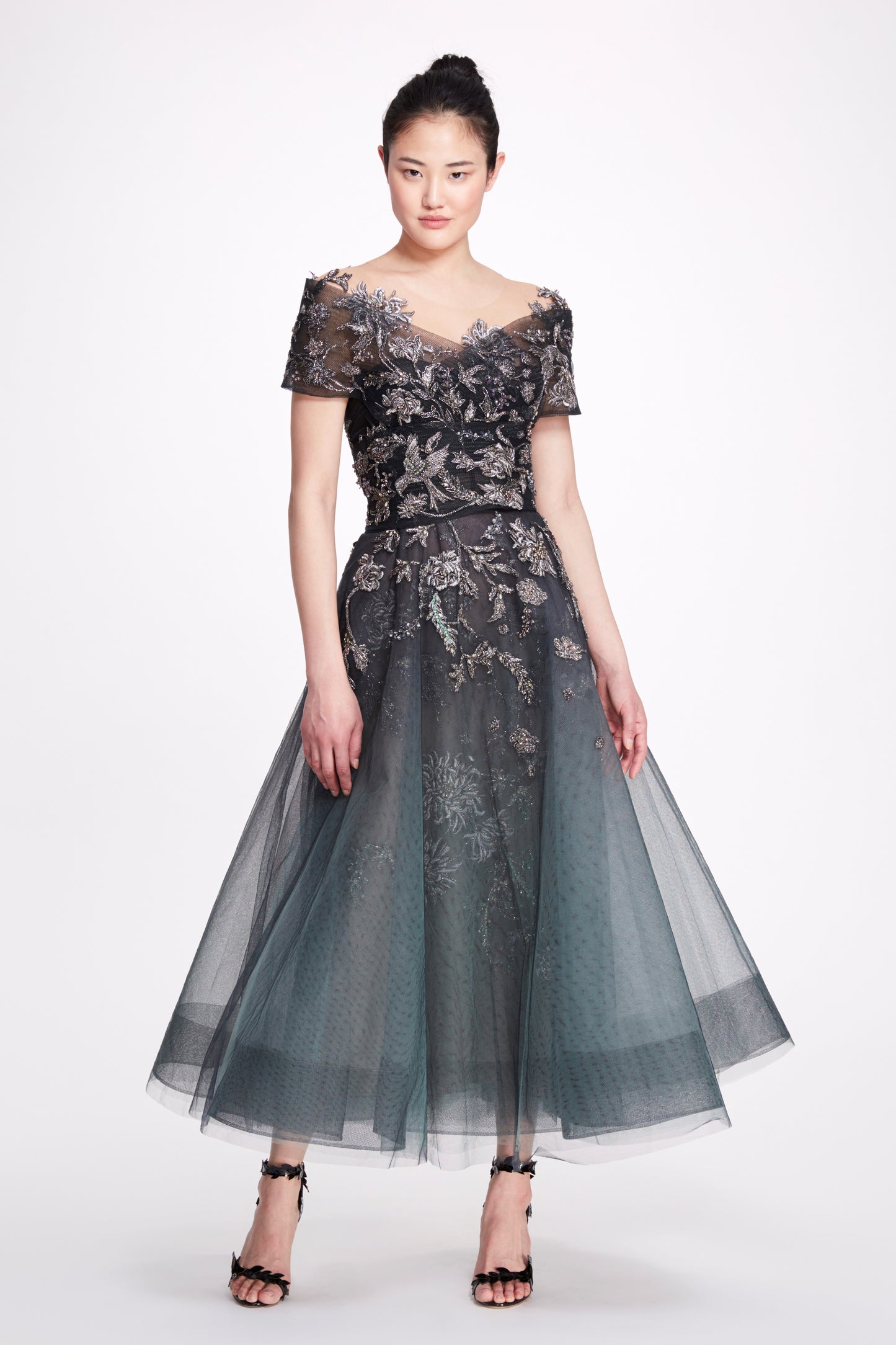 Illusion Neck A-Line Midi Dress