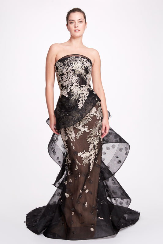 Embroidered Strapless Gown