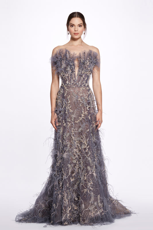 Crystal and Feather Embroidered Gown