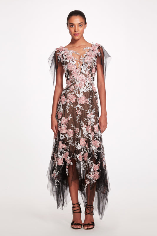 Floral Embroidered Tulle Midi Dress