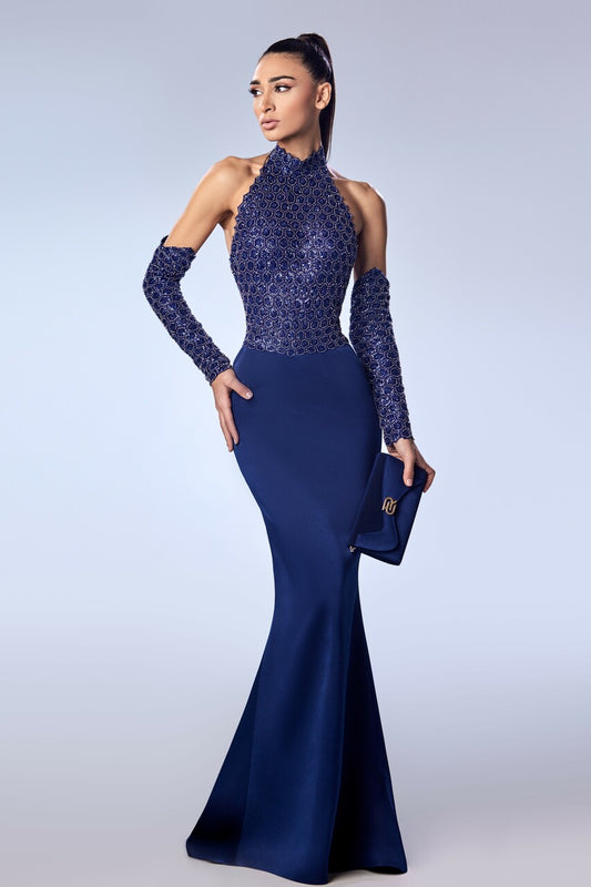 Beaded Halter and Satin Crepe Gown