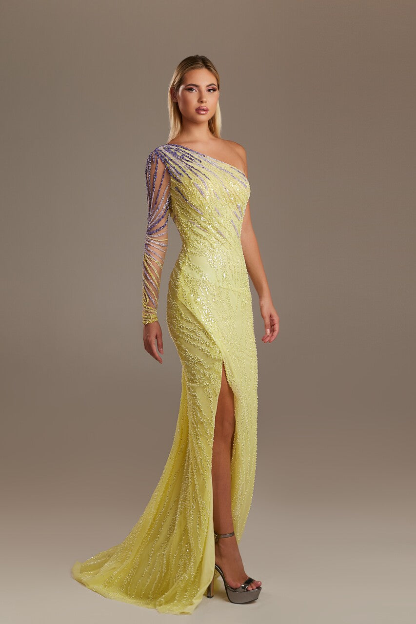 Sleeved One Shoulder Gown