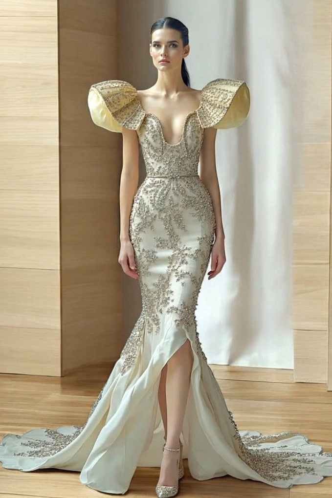 Sculpted Sleeve Slit Gown