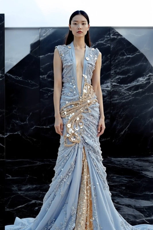 Plunging Bodice Flared Gown