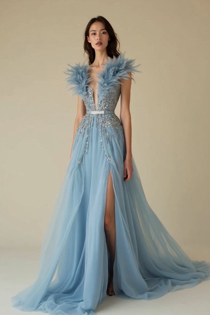 Feathered Plunging Bodice Gown
