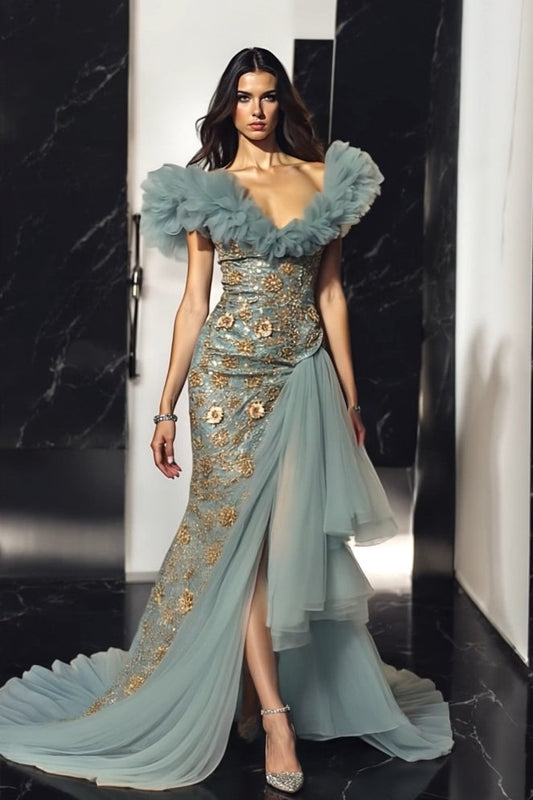 Ruffled Off-Shoulder Gown