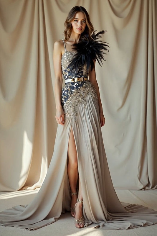 Feather Embellished Sleeveless Gown