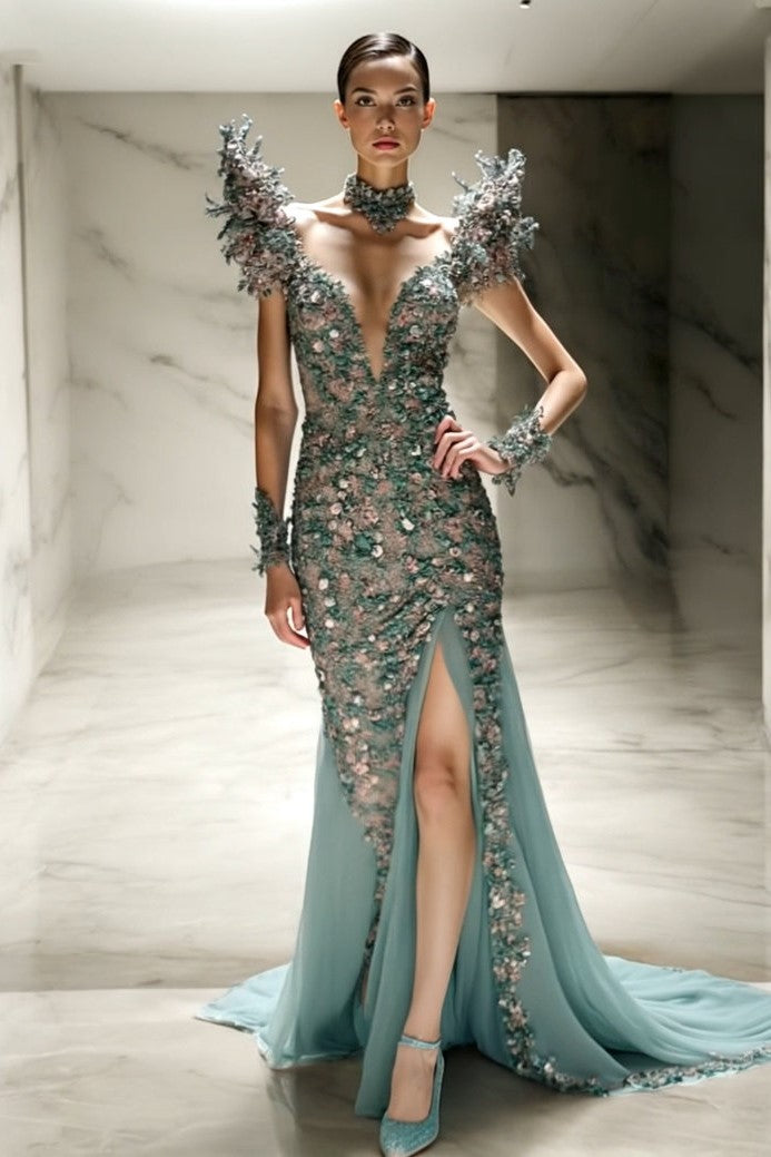 Embellished Structured Shoulder Gown