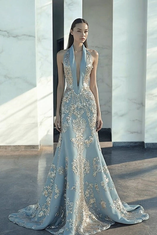 Flared Sleeveless Halter-Neck Gown