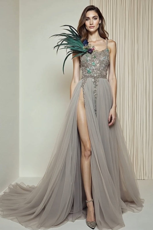 Feather Detail Slit Gown