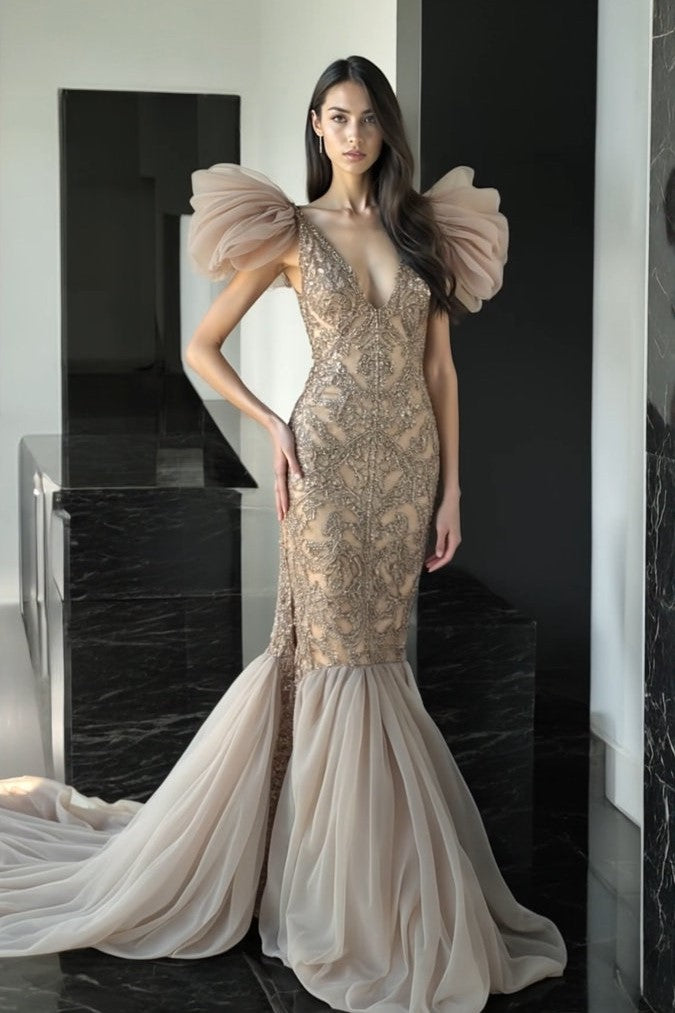 Dropped Waist Embellished Gown