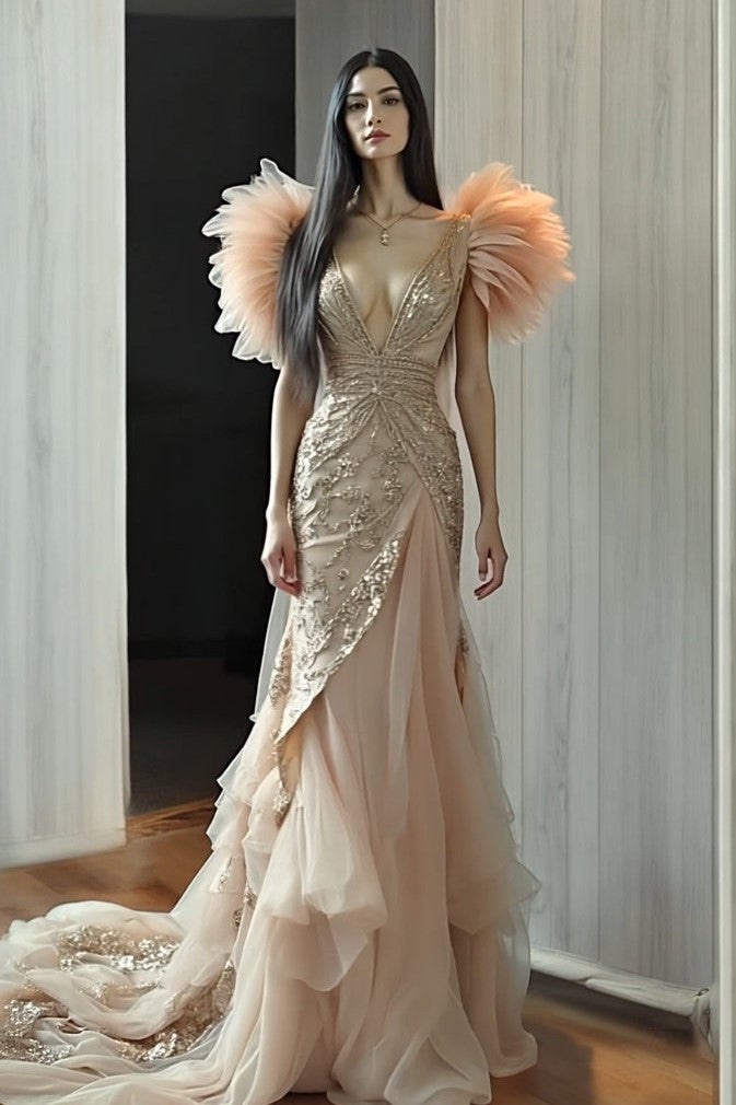 Ruffle Sleeve Draped Gown