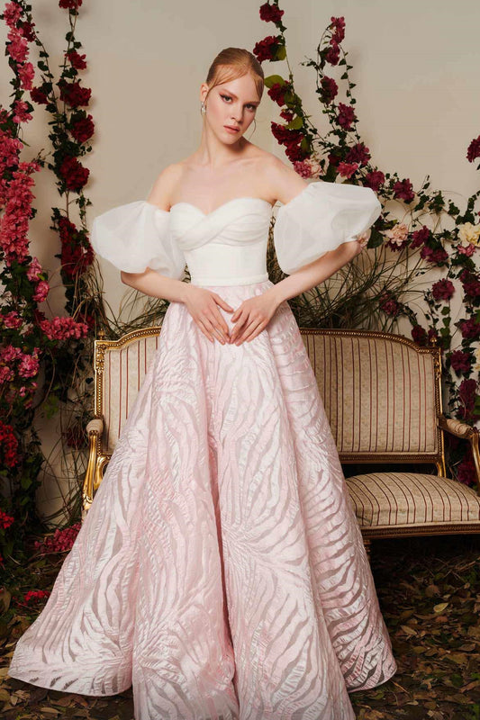 Off the Shoulder Puff Sleeve A-Line Gown