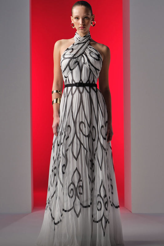 Pleated Halter Neck A-Line Gown