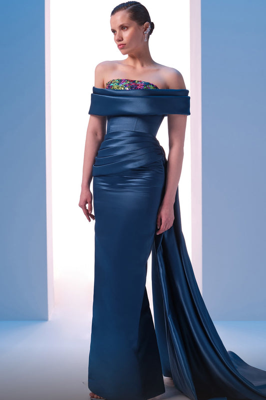 Off Shoulder Column Gown with Side Drape