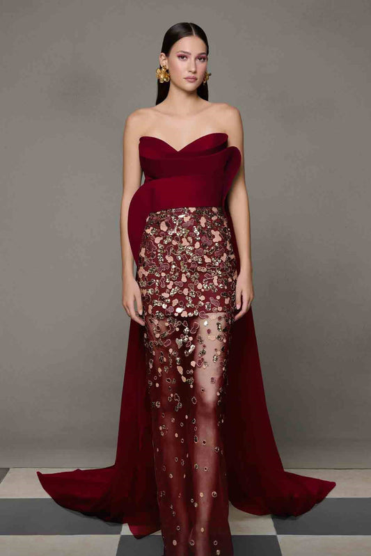 Sculpted Strapless Sheer Embellished Gown