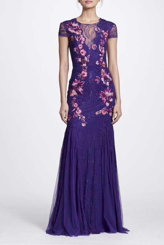 Short Sleeve Purple Floral Embroidered Gown
