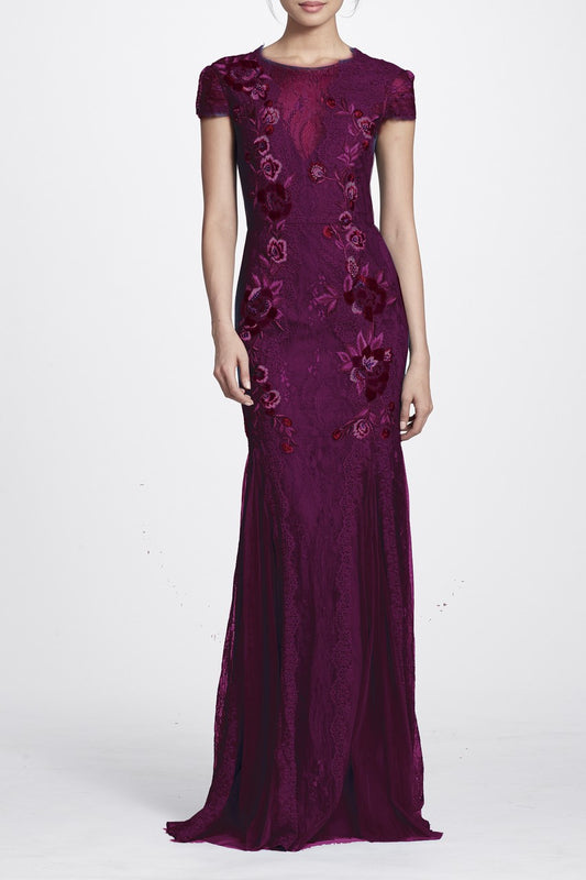 Short Sleeve Wine Floral Embroidered Gown