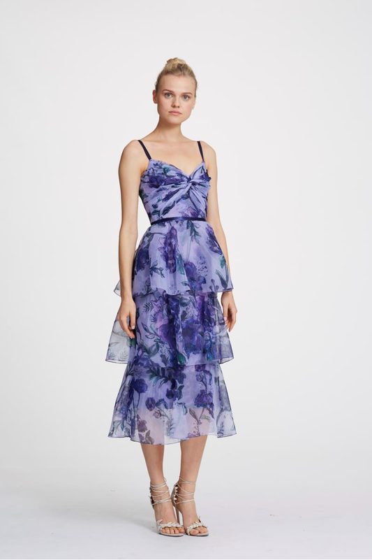 Sleeveless Floral Organza Midi-Tea Dress
