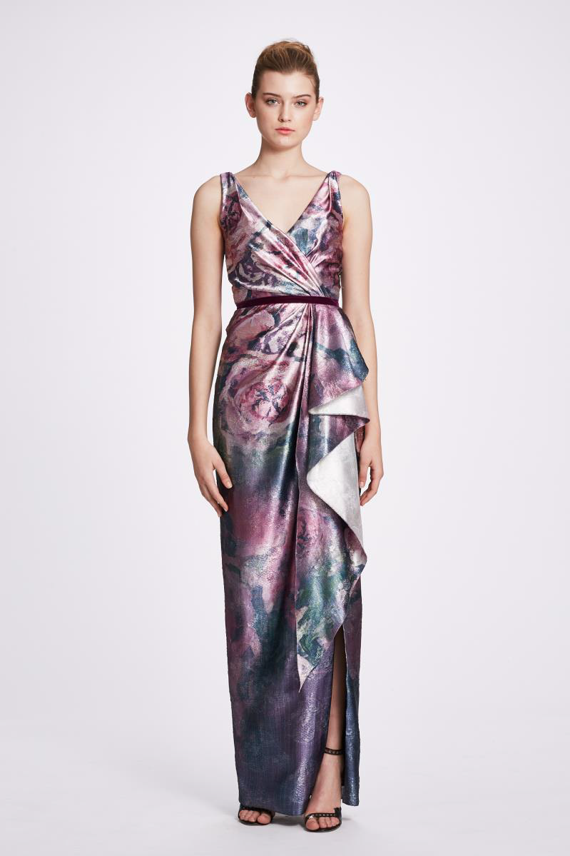 Sleeveless Metallic Jacquard Draped Gown