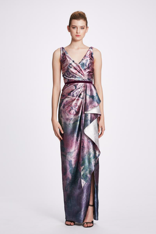 Sleeveless Metallic Jacquard Draped Gown